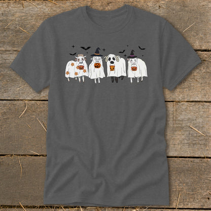 Four cartoon sheep dressed as ghosts with pumpkins and bats for Halloween.