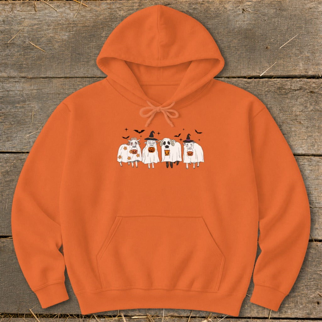 Orange hoodie with a Halloween graphic featuring four animals dressed as ghosts.