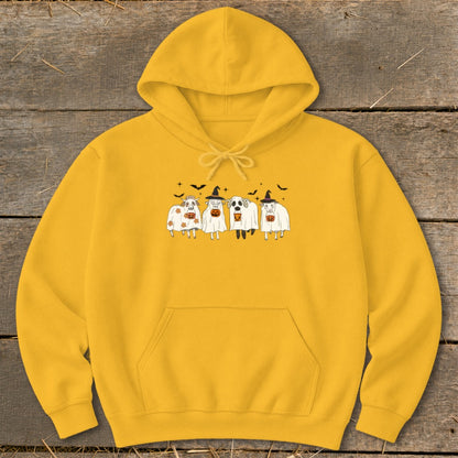 Yellow hoodie with a Halloween-themed graphic of four cartoon animals dressed as ghosts.