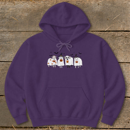 Purple hoodie with four cartoon ghost sheep and bats graphic.