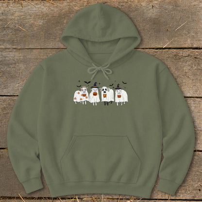 Hoodie with a Halloween-themed graphic of goats dressed as ghosts with pumpkins.