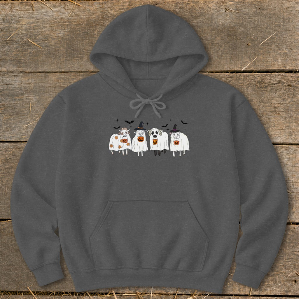 Dark grey hoodie with Halloween-themed sheep and cow cartoon graphic.