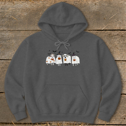 Dark grey hoodie with Halloween-themed sheep and cow cartoon graphic.