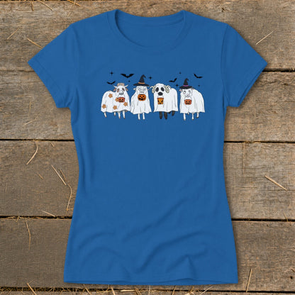 Four sheep in ghost costumes holding jack-o'-lanterns, with bats above.
