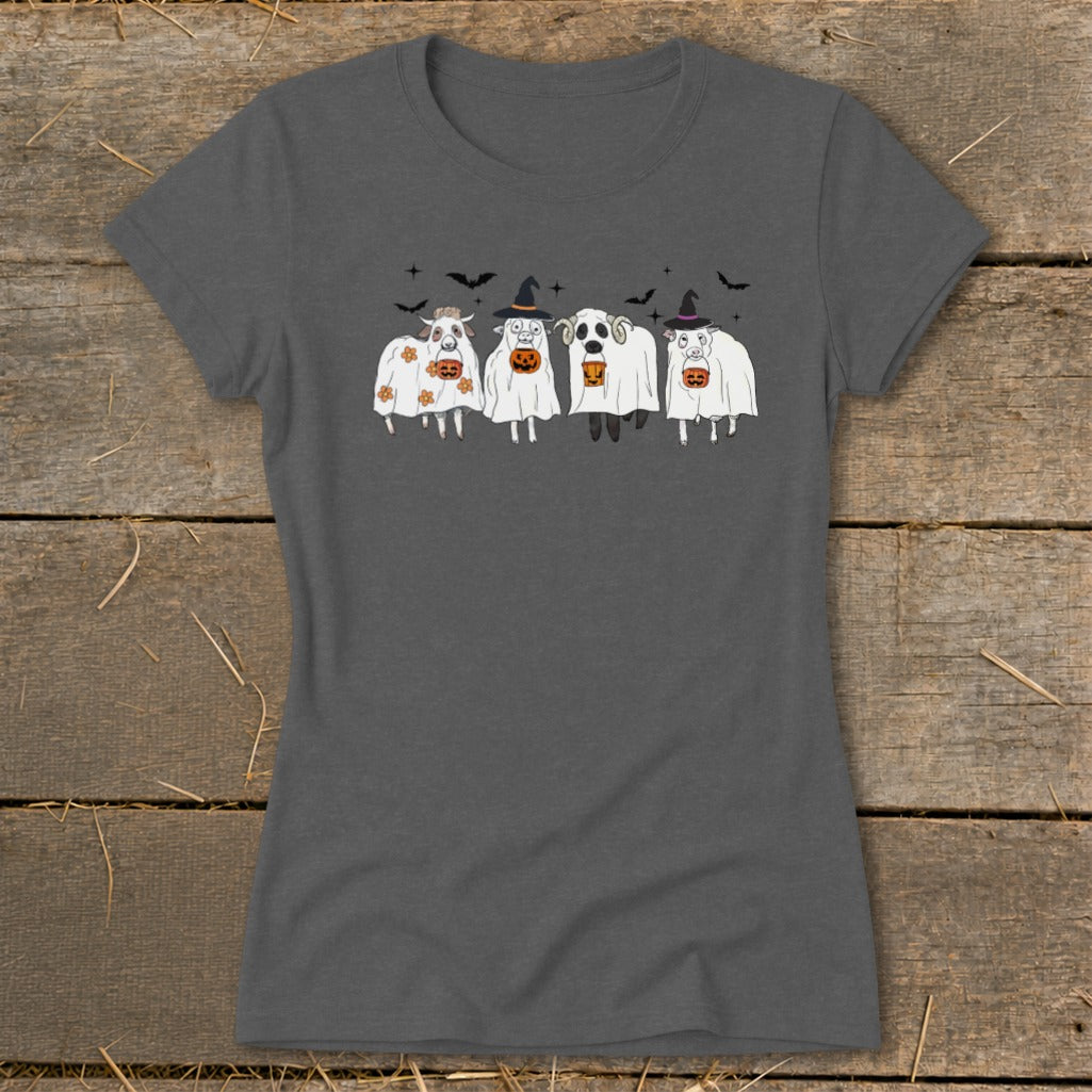 Four sheep dressed as ghosts with pumpkins, wearing witch hats, with bats flying above.