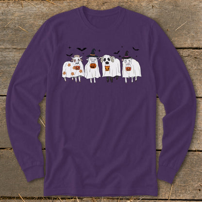 Four sheep in ghost costumes with pumpkin buckets and witch hats celebrate Halloween.