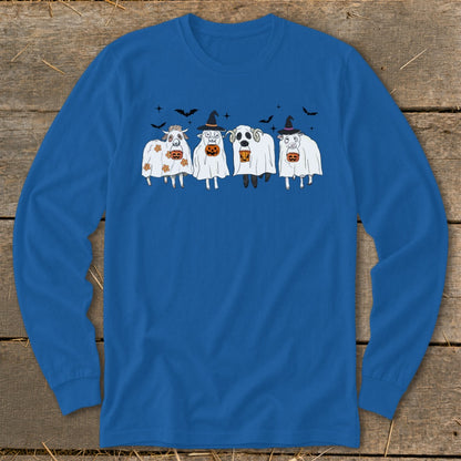 Four cartoon sheep in ghost costumes hold jack-o'-lanterns against a dark background.