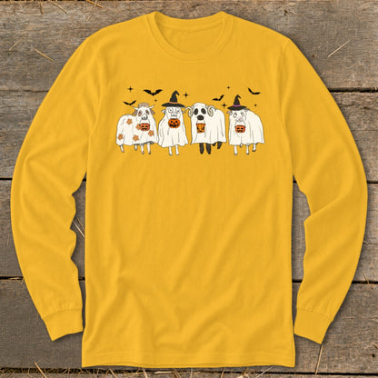 Four cartoon sheep dressed as ghosts holding pumpkins on a yellow long-sleeve shirt.