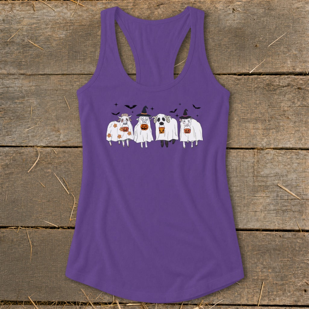 Four sheep in ghost costumes holding jack-o'-lanterns on a purple tank top.