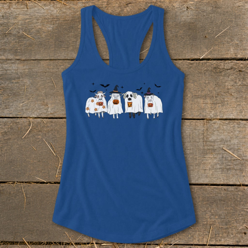 Blue tank top with graphic of four sheep dressed as ghosts for Halloween.