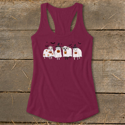 Four cartoon sheep dressed as ghosts hold pumpkins with bats flying above.
