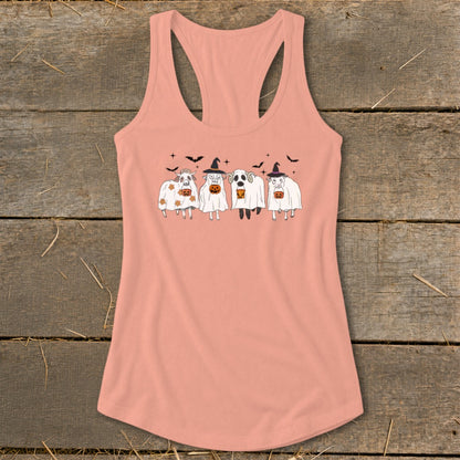 Four sheep dressed as ghosts hold pumpkins on a peach tank top.