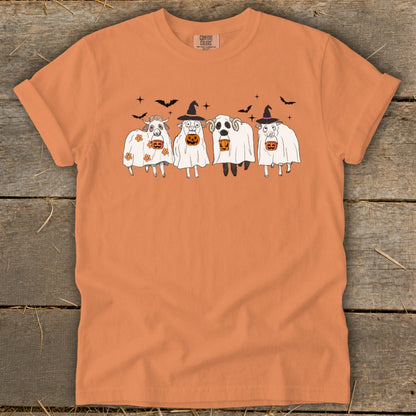 Four sheep dressed as ghosts with pumpkins and bats on an orange t-shirt.