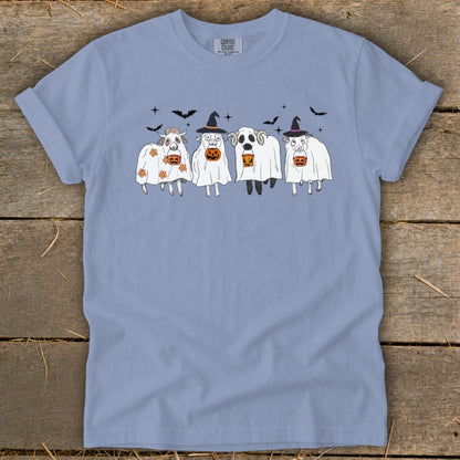 Four sheep dressed as ghosts with pumpkins and witch hats stand in a row.
