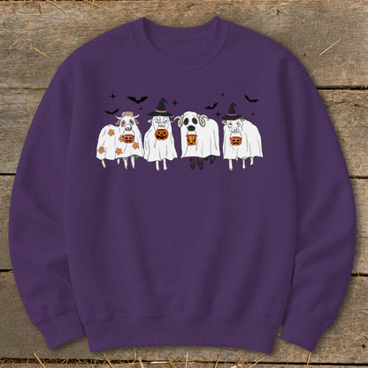 Four sheep in ghost costumes holding pumpkins with bats above.