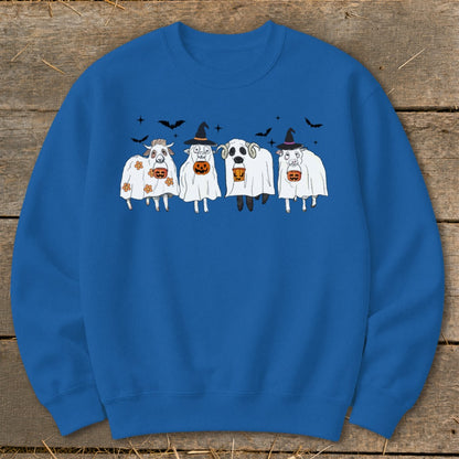 Blue sweatshirt with cartoon sheep dressed as ghosts holding pumpkins and bats.