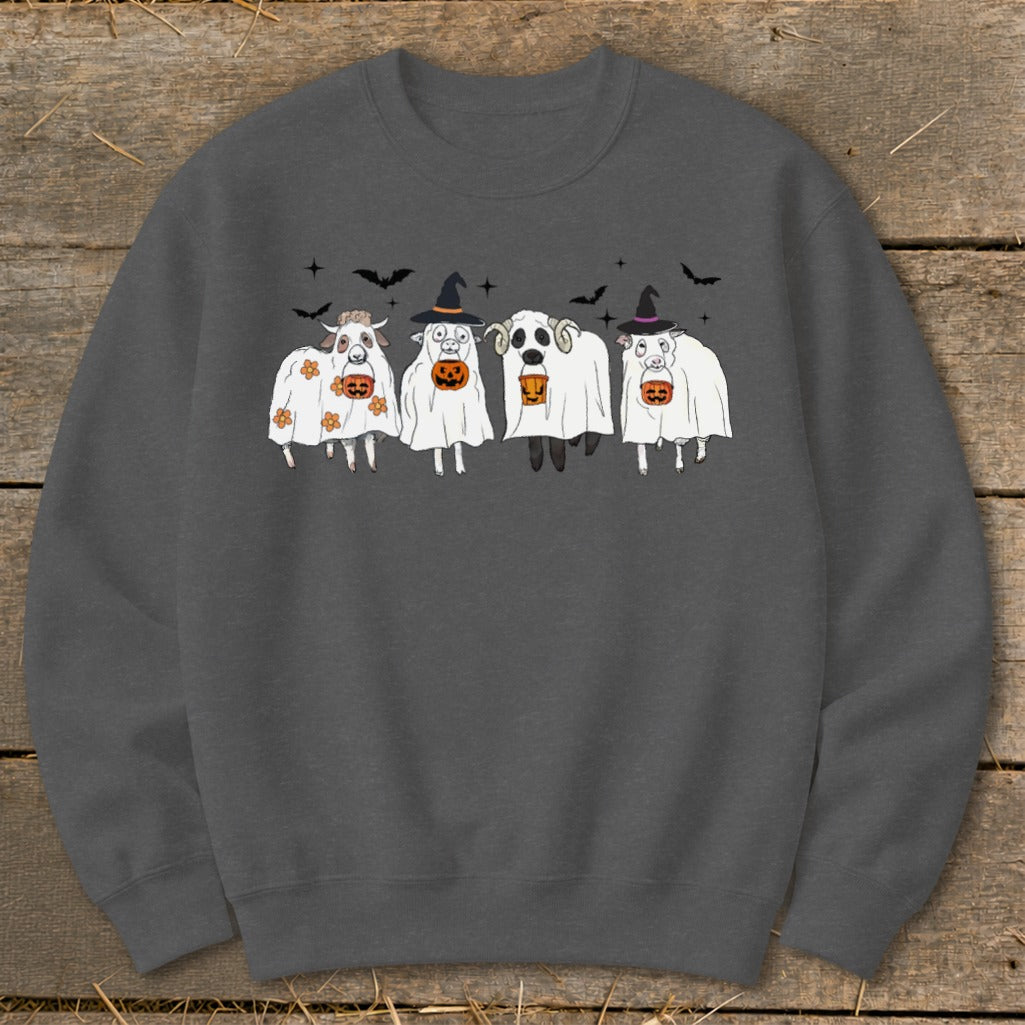 Crewneck sweatshirt with four sheep dressed as ghosts for Halloween.