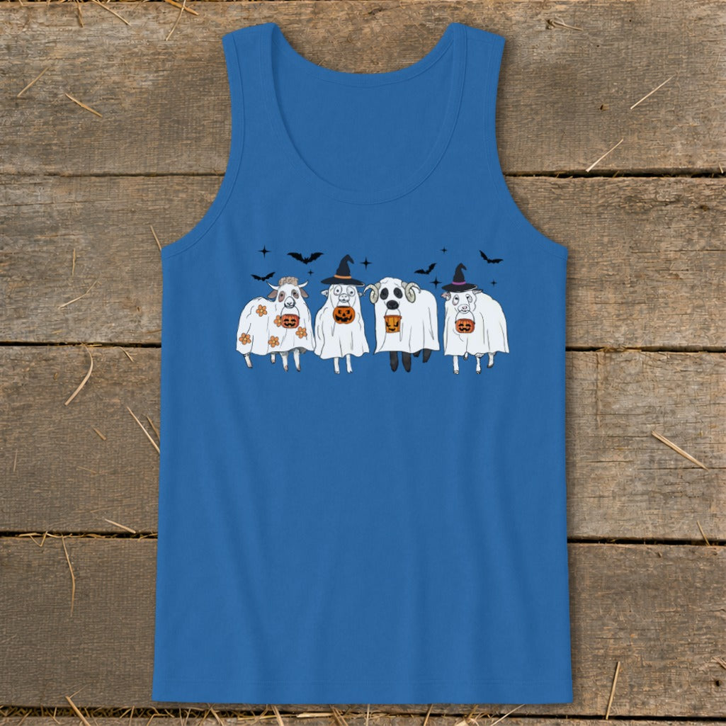 Four sheep dressed as ghosts with pumpkins and Halloween bats.