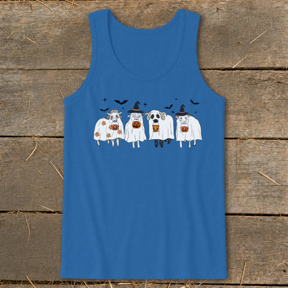 Four sheep dressed as ghosts with pumpkins and Halloween bats.
