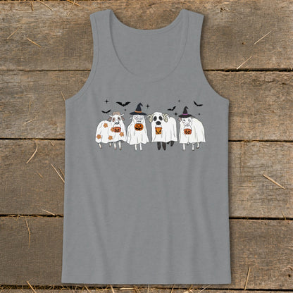 Four cartoon sheep dressed as ghosts with witch hats hold pumpkins, flying bats above.
