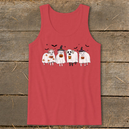 Four sheep dressed as ghosts with pumpkins and bats on a red tank top.