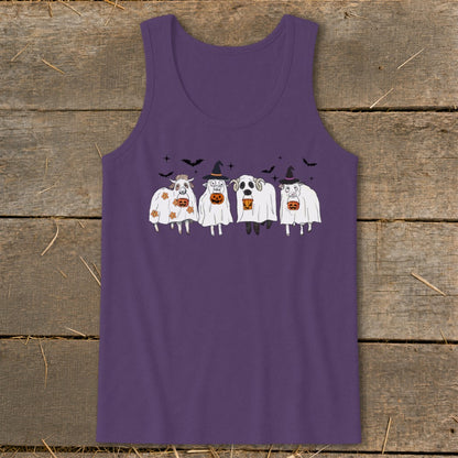 Four cartoon sheep dressed as ghosts hold pumpkins with bats and stars overhead.
