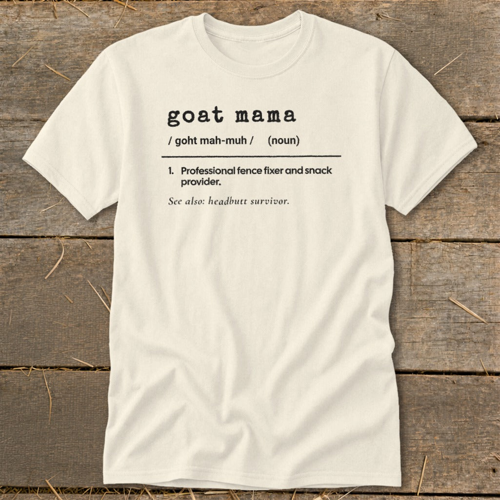 Off-white t-shirt featuring black dictionary-style text that reads goat mama with funny definitions.