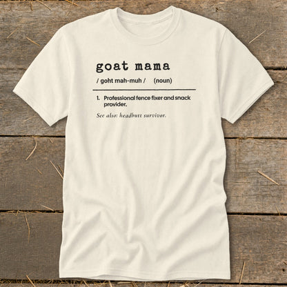 Off-white t-shirt featuring black dictionary-style text that reads goat mama with funny definitions.