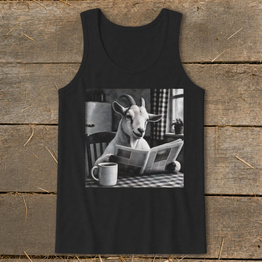 A black tank top featuring a graphic of a goat sitting at a table, reading a newspaper next to a coffee mug.