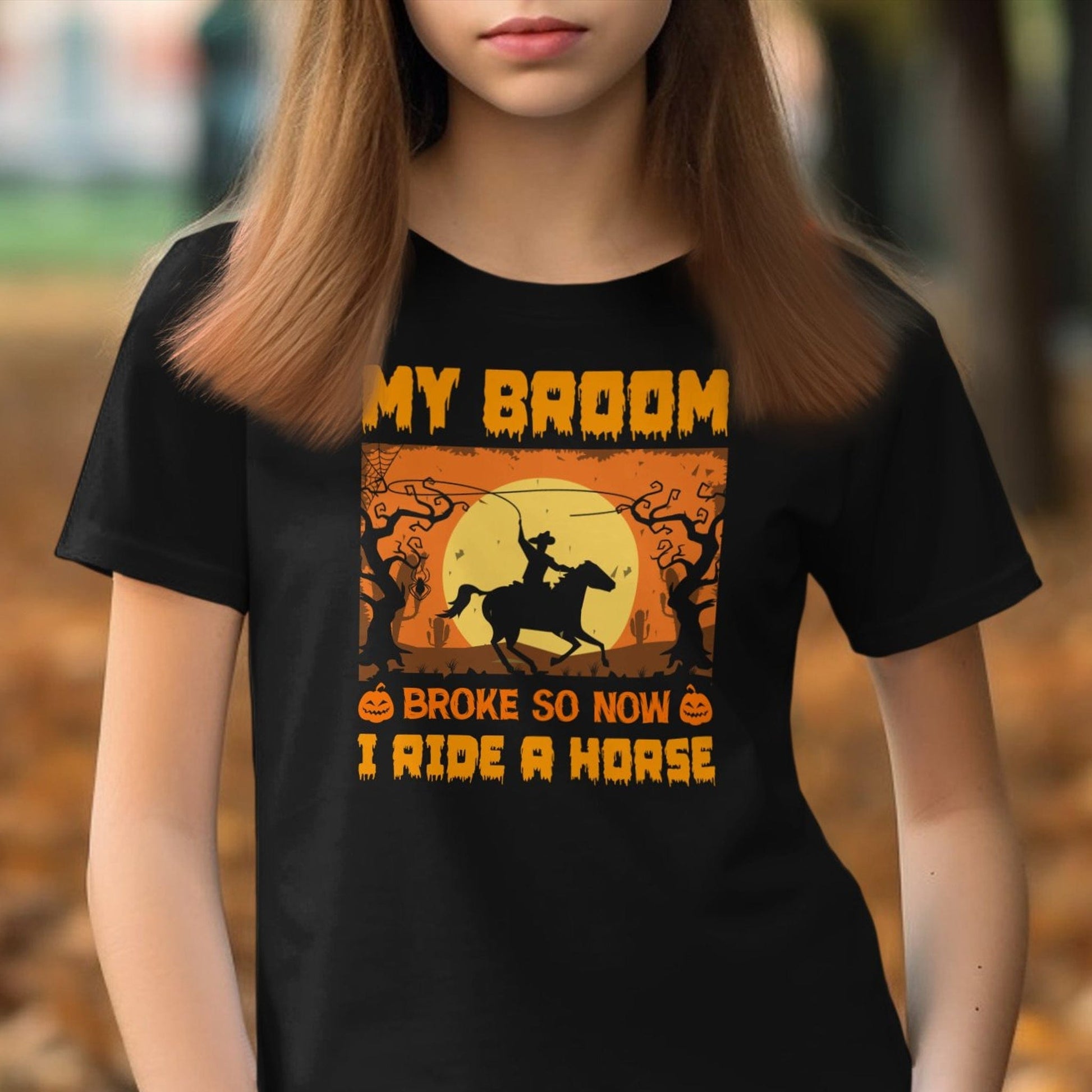 Halloween Broom Broke Now I Ride A Horse Youth Shirt
