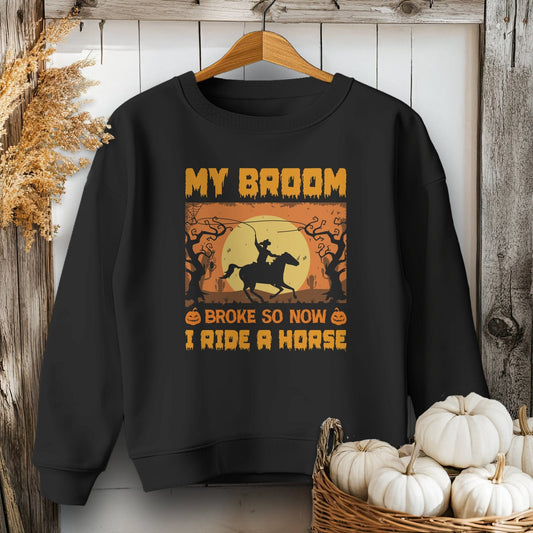 Halloween Broom Broke Now I Ride A Horse Youth Shirt