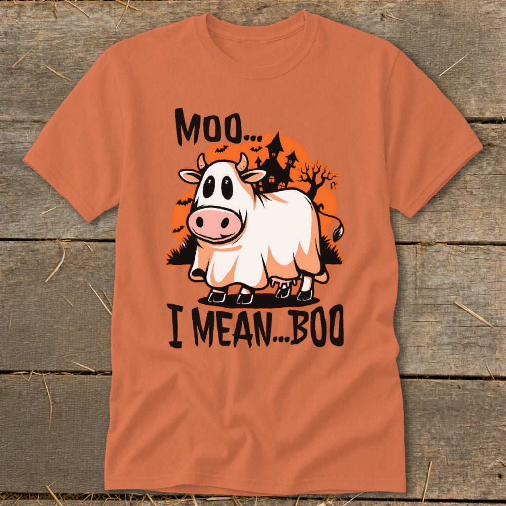 Cow in ghost costume with text "Moo... I mean... Boo".