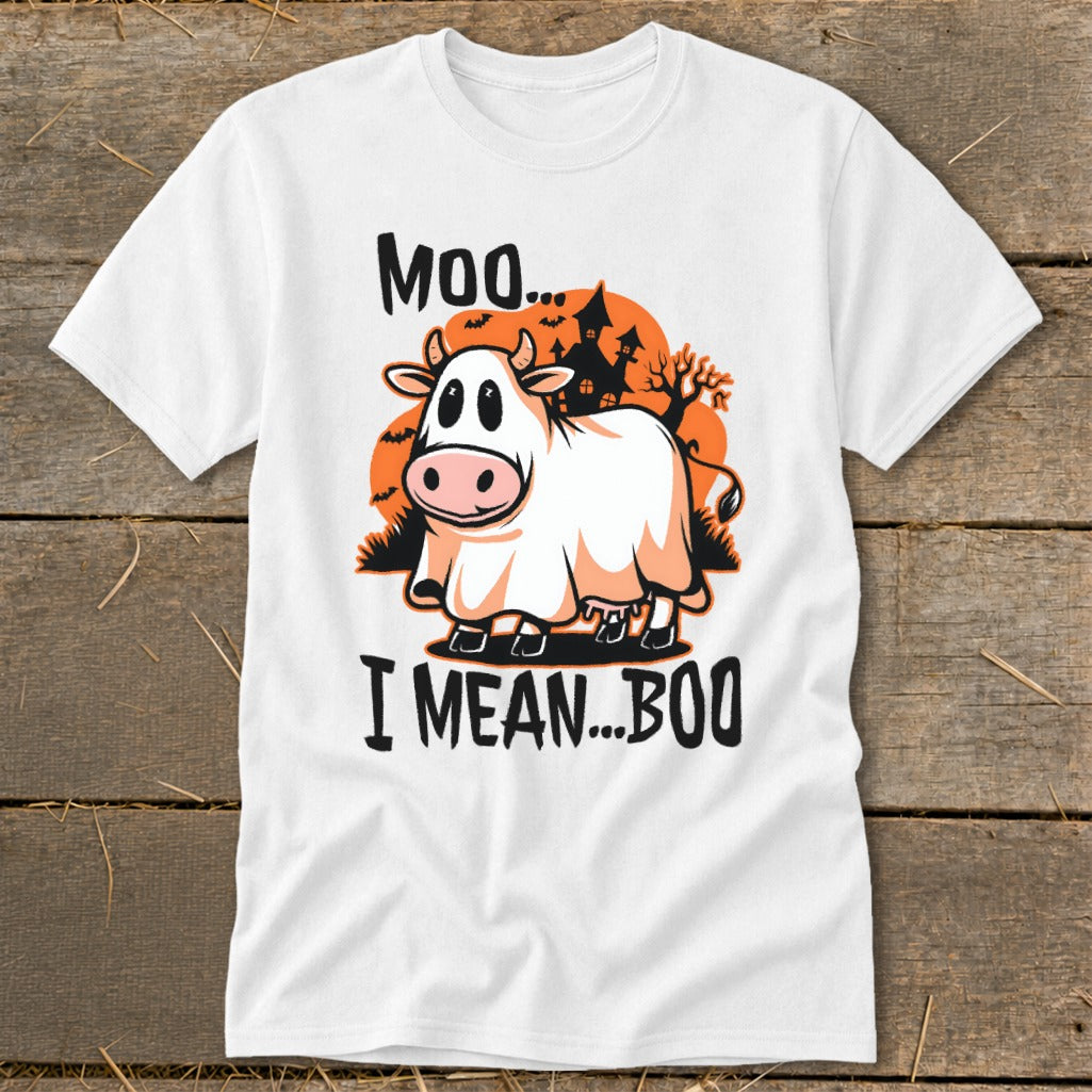 Cow dressed as a ghost with text "Moo... I Mean... Boo" and spooky background.