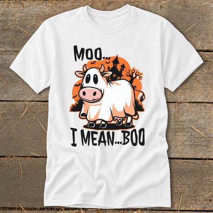 Cow dressed as a ghost with text "Moo... I Mean... Boo" and spooky background.