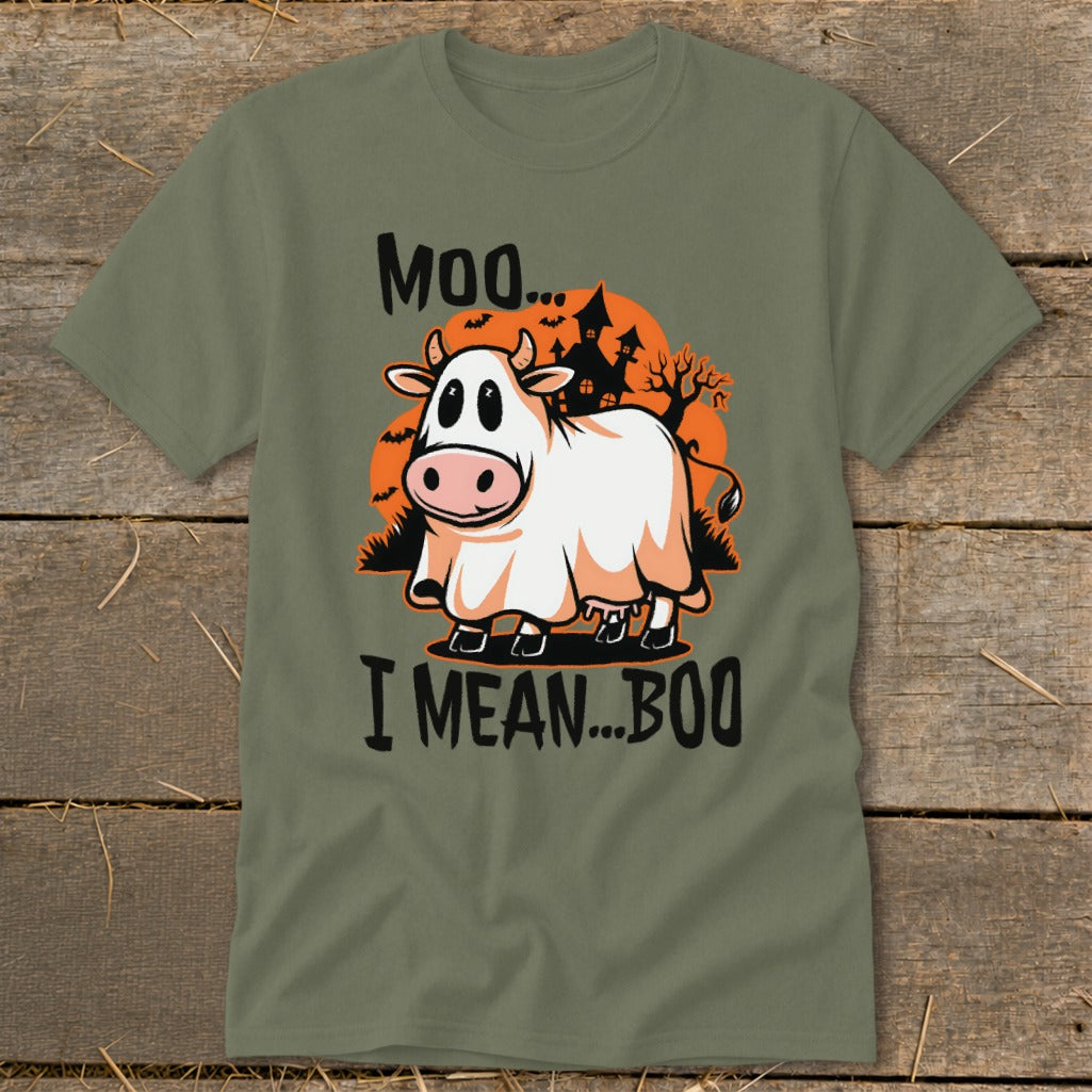 Cow dressed as a ghost with "Moo... I mean... Boo" text.