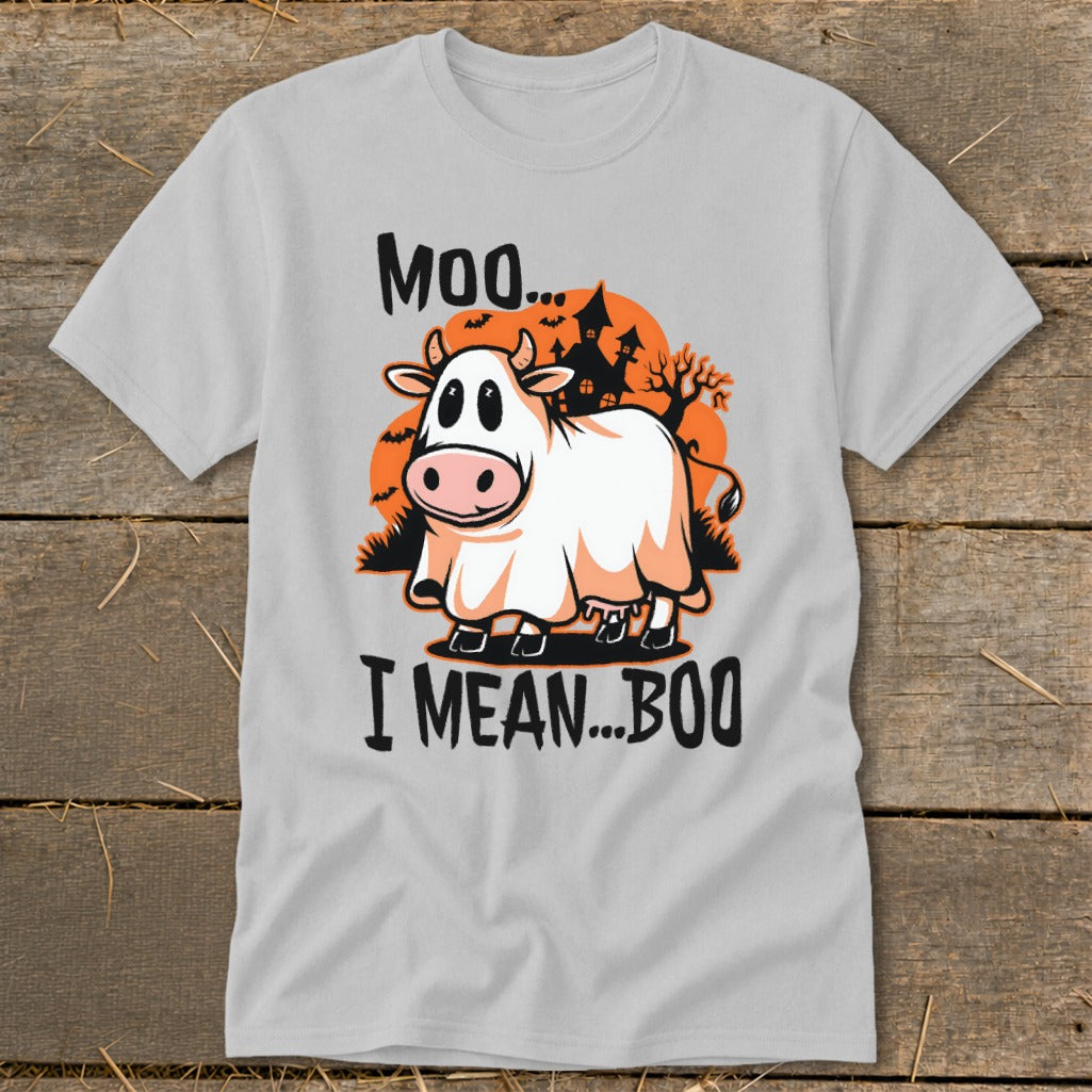 Cow dressed as a ghost saying "Moo... I mean... Boo" on a t-shirt.