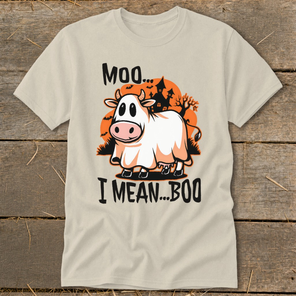 Cow dressed as a ghost with text "Moo... I mean... Boo"