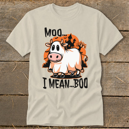 Cow dressed as a ghost with text "Moo... I mean... Boo"