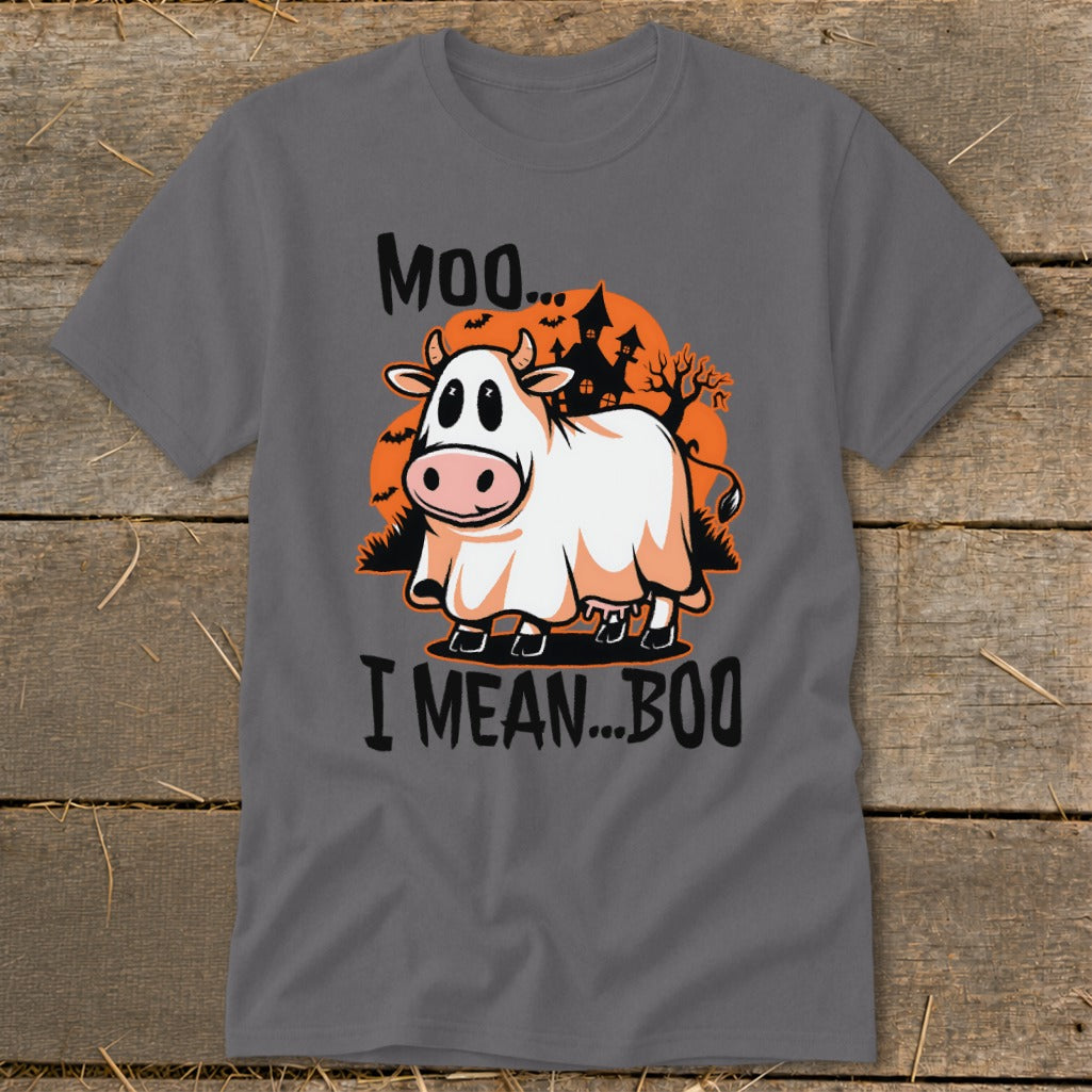 Cow in a ghost costume with "Moo... I mean... Boo" text.