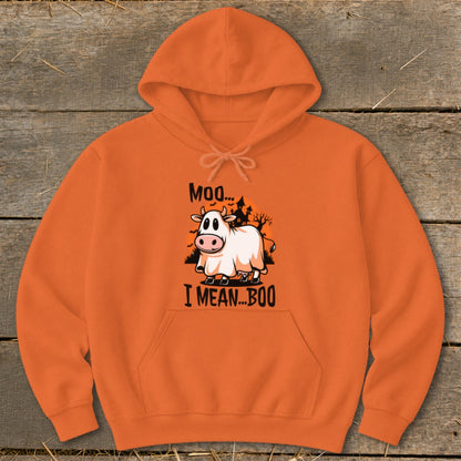 Orange hoodie with a cow dressed as a ghost and text "Moo... I MEAN...BOO".