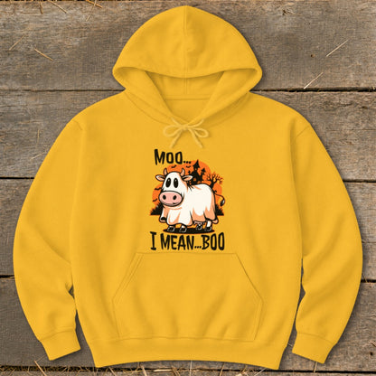 Yellow hoodie with a cow dressed as a ghost and text "Moo... I MEAN...BOO".