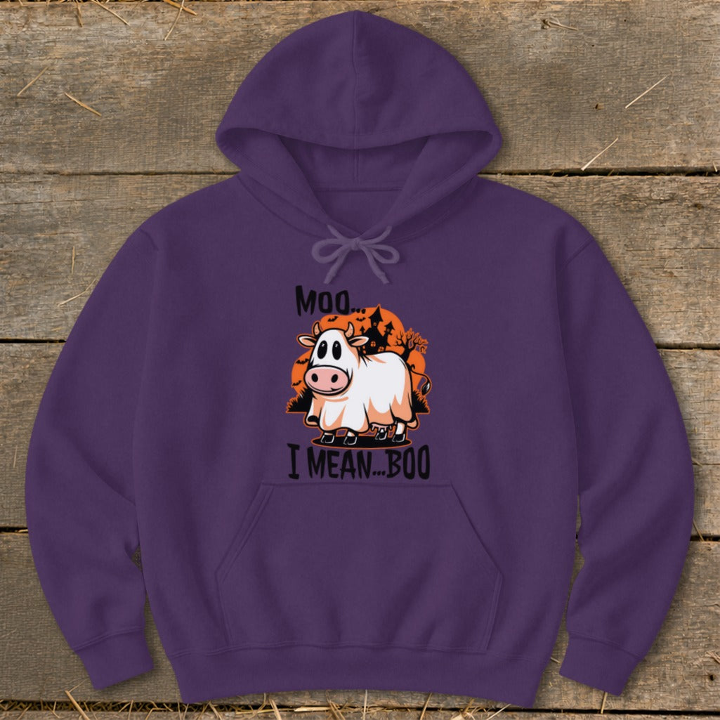 Purple hoodie with cow dressed as ghost and text "Moo... I MEAN...BOO".