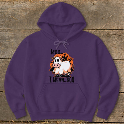 Purple hoodie with cow dressed as ghost and text "Moo... I MEAN...BOO".