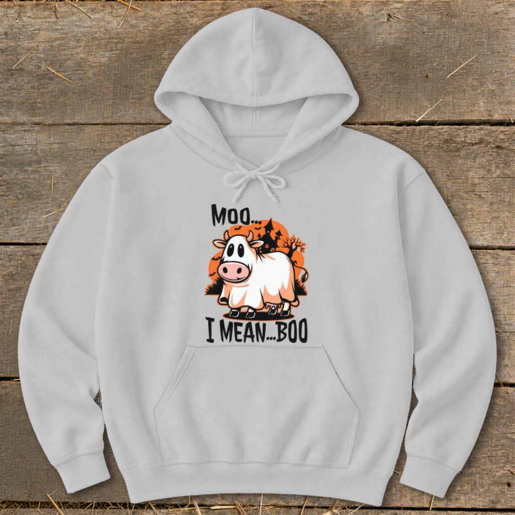Ghost cow graphic with text "Moo... I Mean... Boo" on a light grey hoodie.