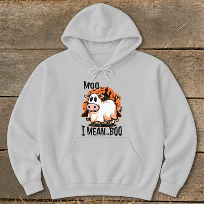 Ghost cow graphic with text "Moo... I Mean... Boo" on a light grey hoodie.