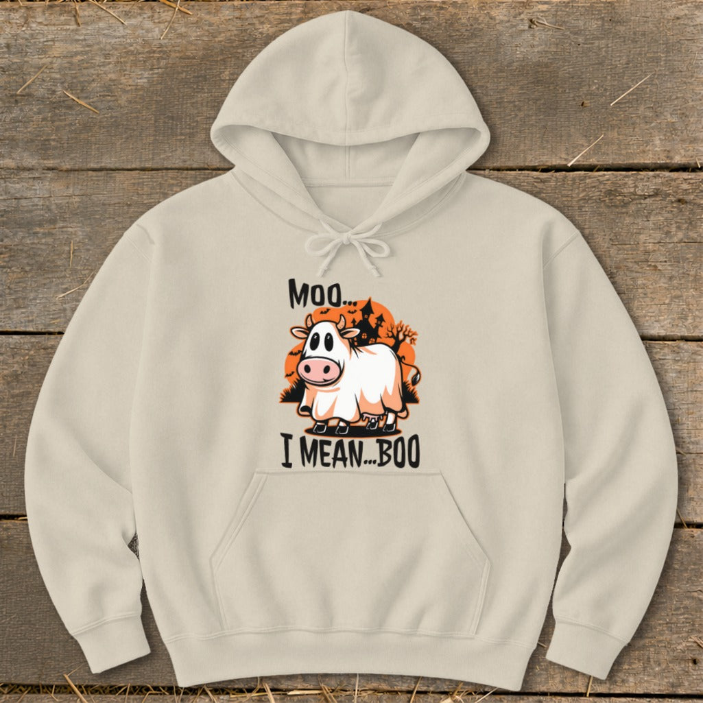Cream hoodie with "Moo... I Mean... Boo" text and cow ghost graphic.