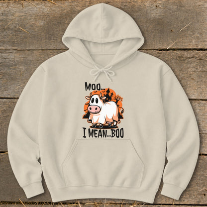 Cream hoodie with "Moo... I Mean... Boo" text and cow ghost graphic.