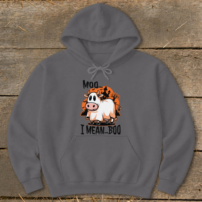 Cow wearing ghost costume with text "Moo... I MEAN... BOO" on a grey hoodie.