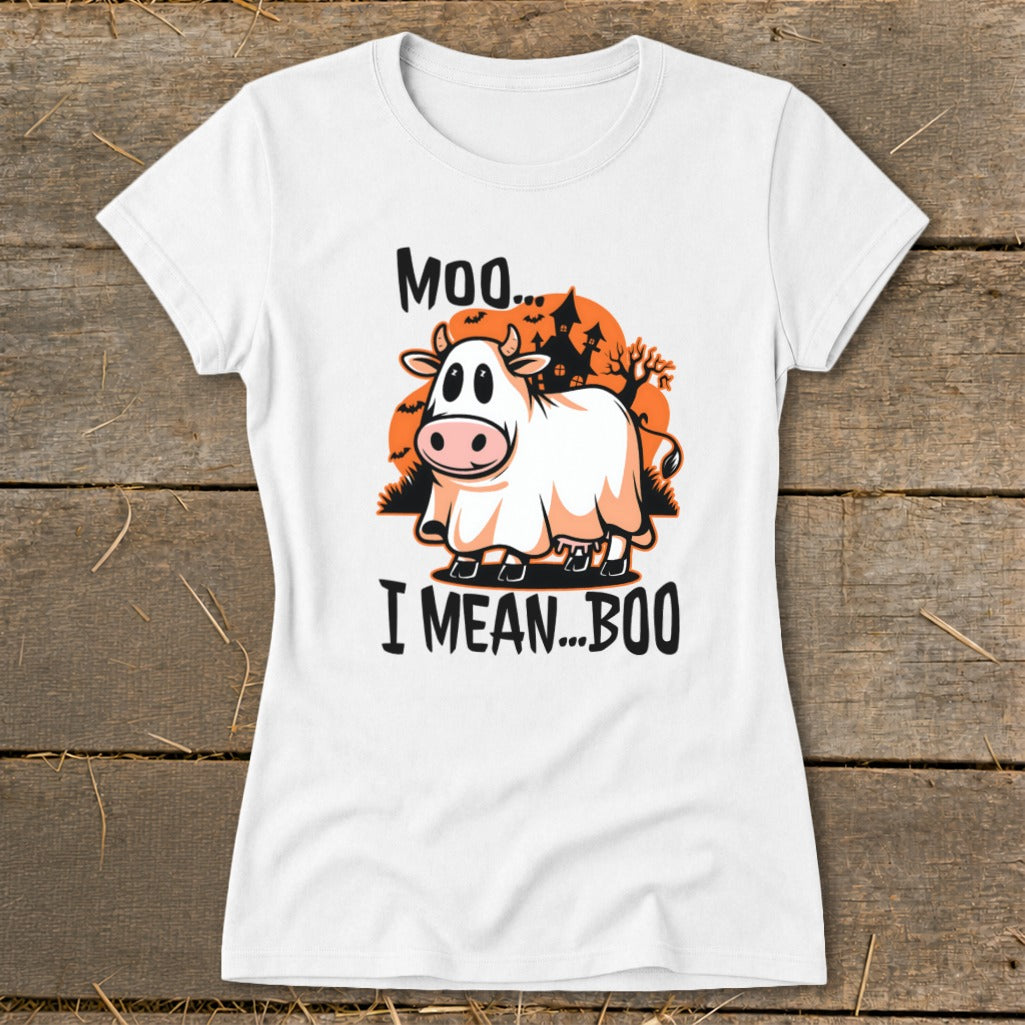 White t-shirt with cartoon cow in ghost costume and text "Moo... I Mean... Boo".