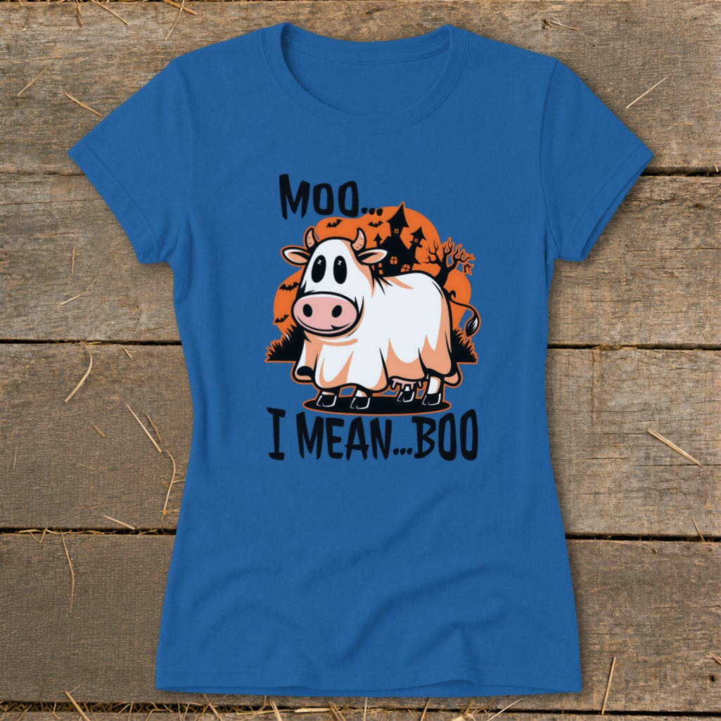 Blue t-shirt with a cow dressed as a ghost saying "Moo... I mean... BOO".